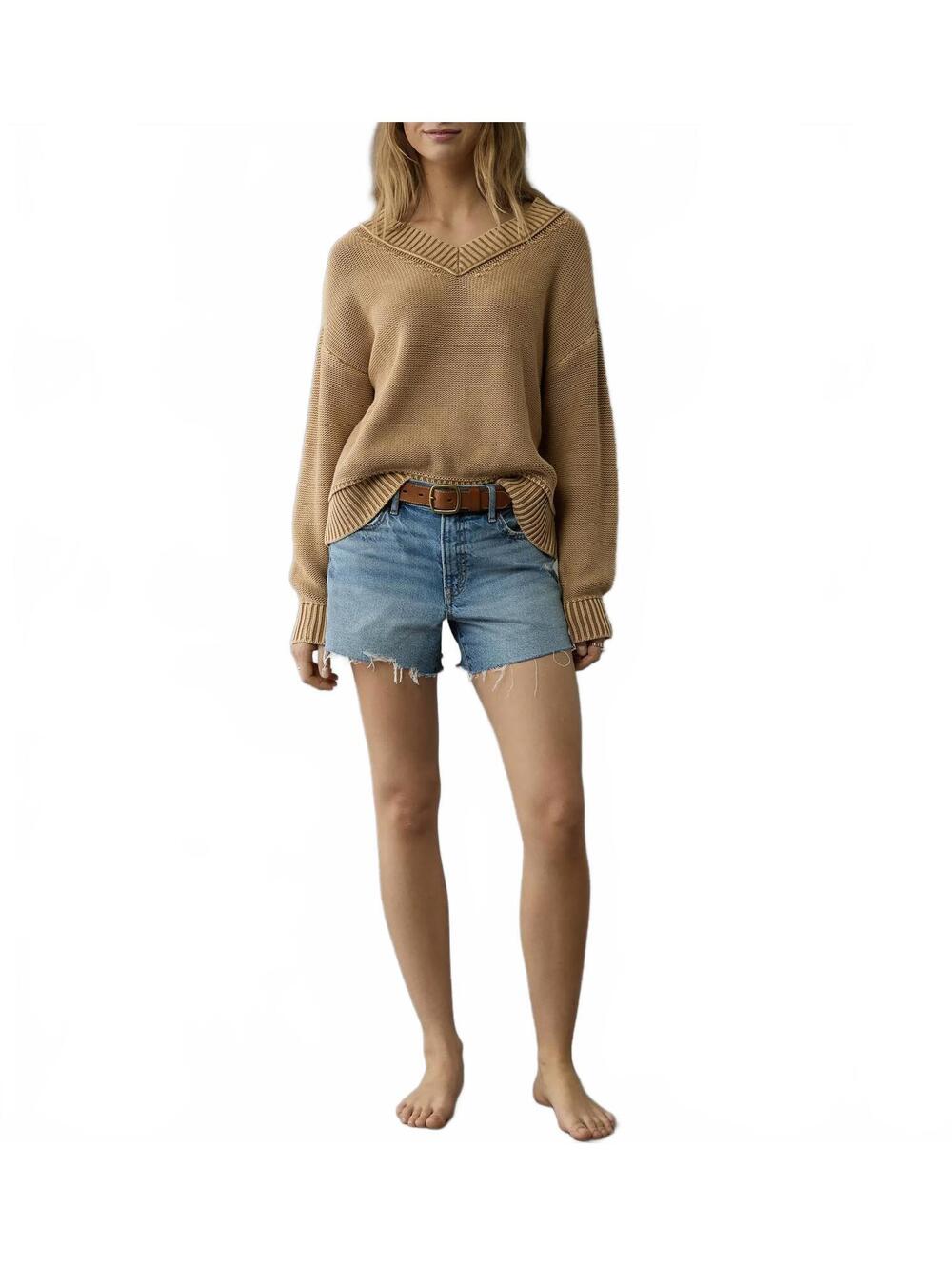 AE Cotton Long Weekend V-Neck Sweater American Eagle Heather Tan Sand Medium